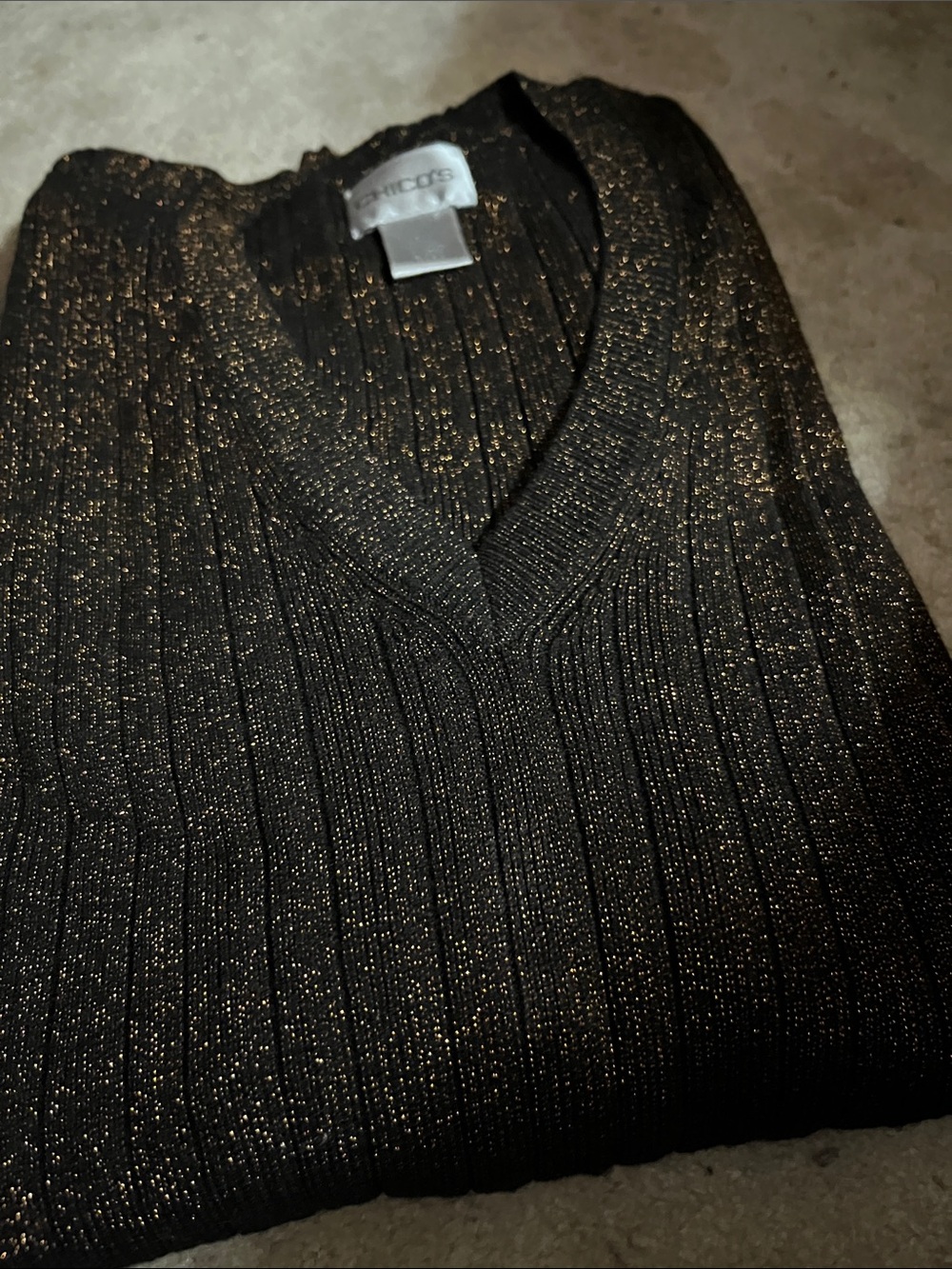 Chico's Black V-Neck Ribbed Sweater with Gold Lurex